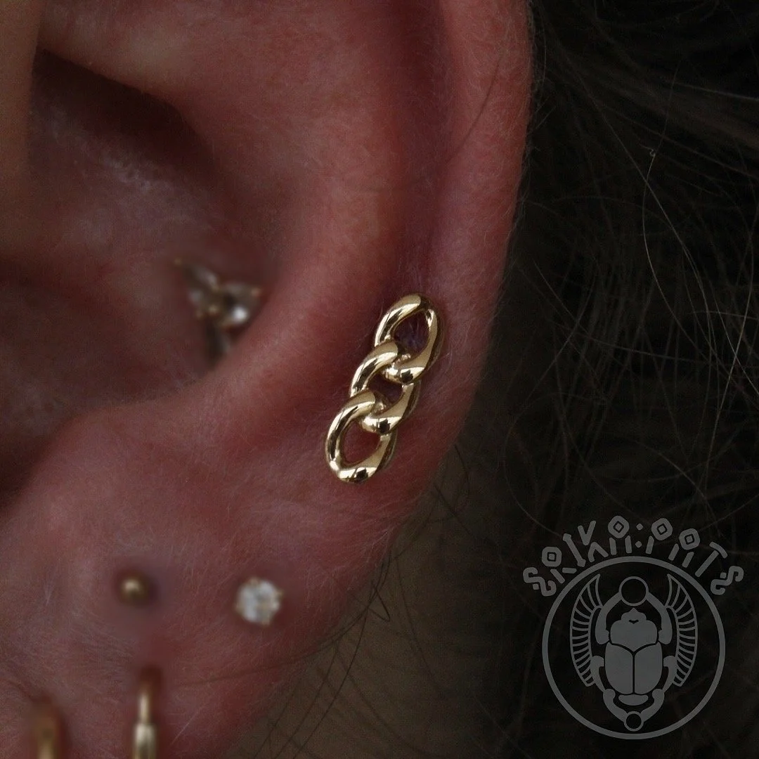 Close-up of a person's ear with multiple earrings, including a gold chain-link hoop in the helix and other small studs in the earlobe.