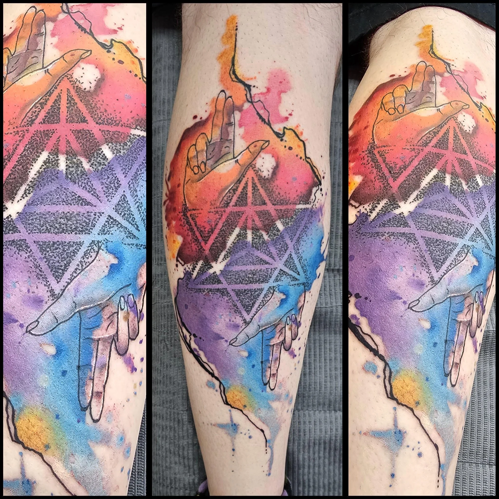 A stylized hand floats over a geometric star-shaped pattern while a wash of purples, pinks, and blues creates a galaxy-like watercolor effect. Crisp linework contrasts against soft blended gradients, giving the tattoo a dreamlike, dimensional feel.