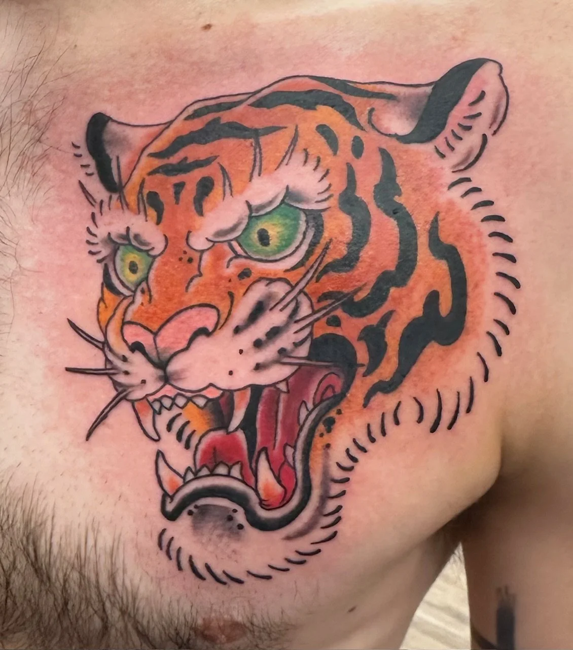 A bold traditional tiger head with vivid orange, green, and red tones. The thick black lines and fierce expression showcase classic American traditional style and attitude.