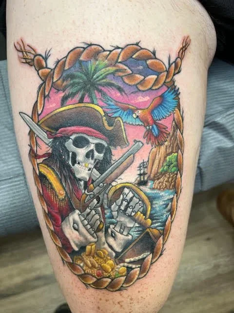 A full-color pirate skeleton surrounded by treasure, ocean waves, and a tropical sky. The detailed linework and vibrant palette make this piece a storytelling scene full of energy and adventure.