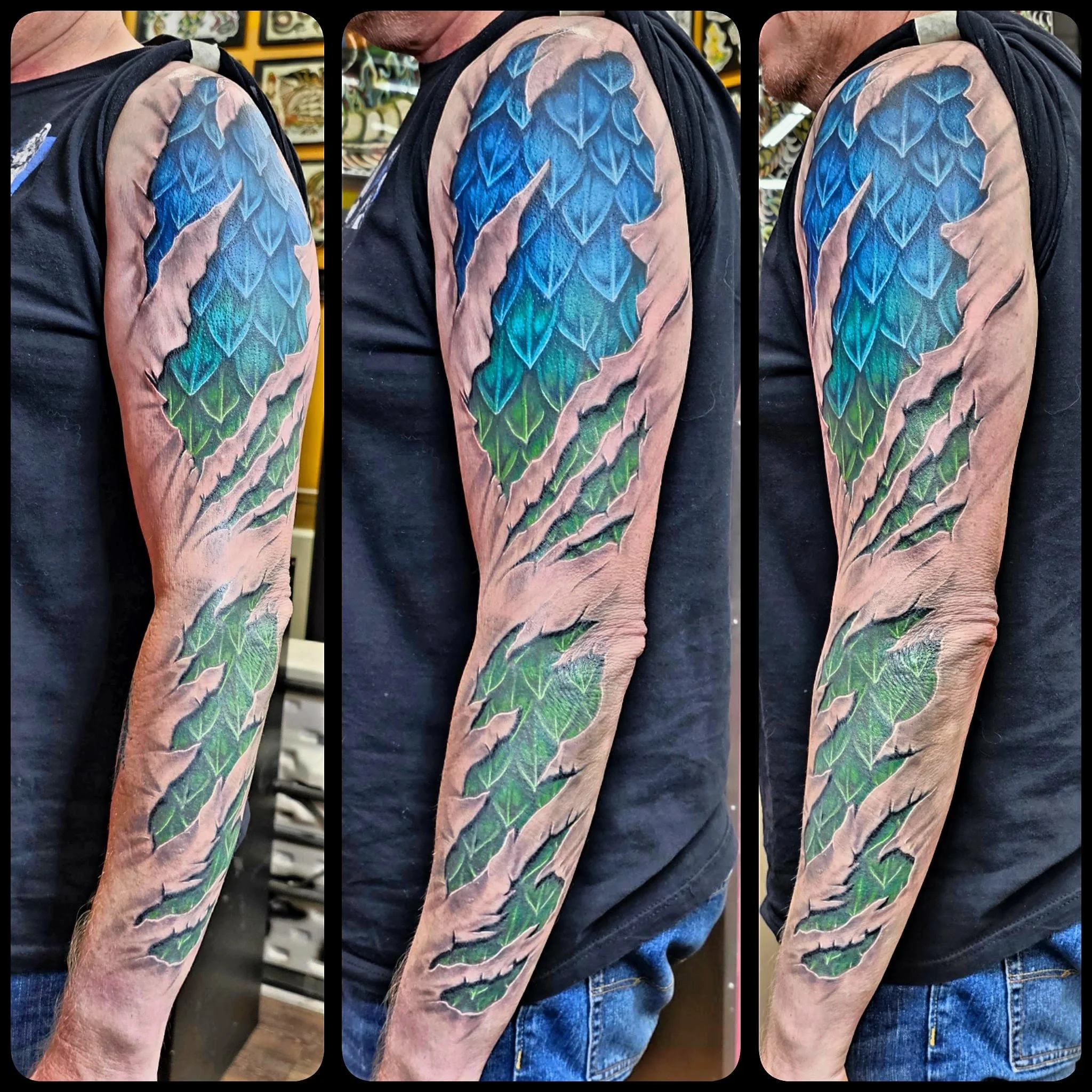 This sleeve reveals blue-to-green dragon scales beneath torn skin textures, creating a striking “ripped-open” illusion. The metallic sheen of the scales and careful shading give the design a bold, three-dimensional effect.