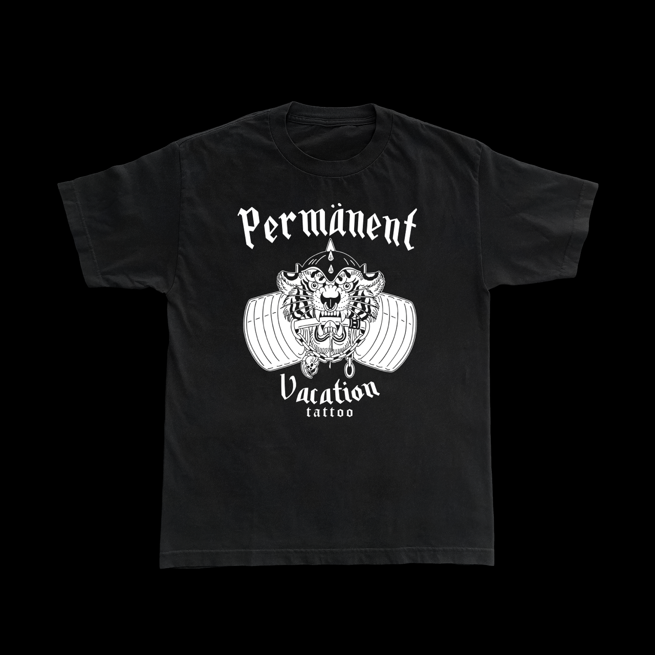 Black T-shirt with a white graphic of a roaring tiger wearing a helmet, with text above and below that reads 'Permanent Vacation Tattoo'.