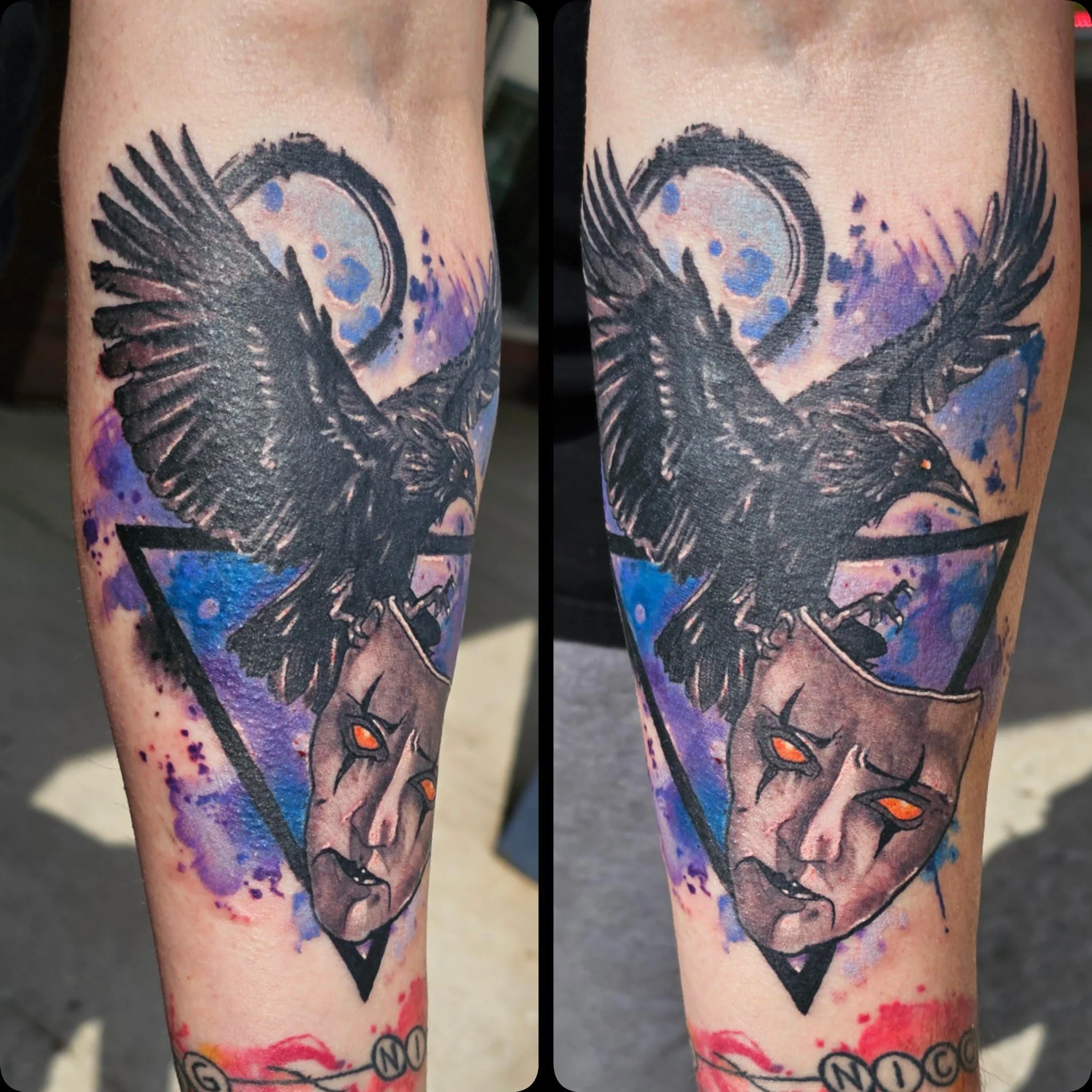 A dark raven swoops above a cracked theatrical mask, framed by a geometric triangle and a moody moonlit sky. The dramatic contrast between black ink and violet-blue splashes adds intensity and a haunting, storytelling quality.