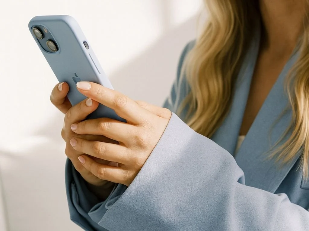Person using a blue smartphone with a dual camera, wearing a blazer with long wavy hair.