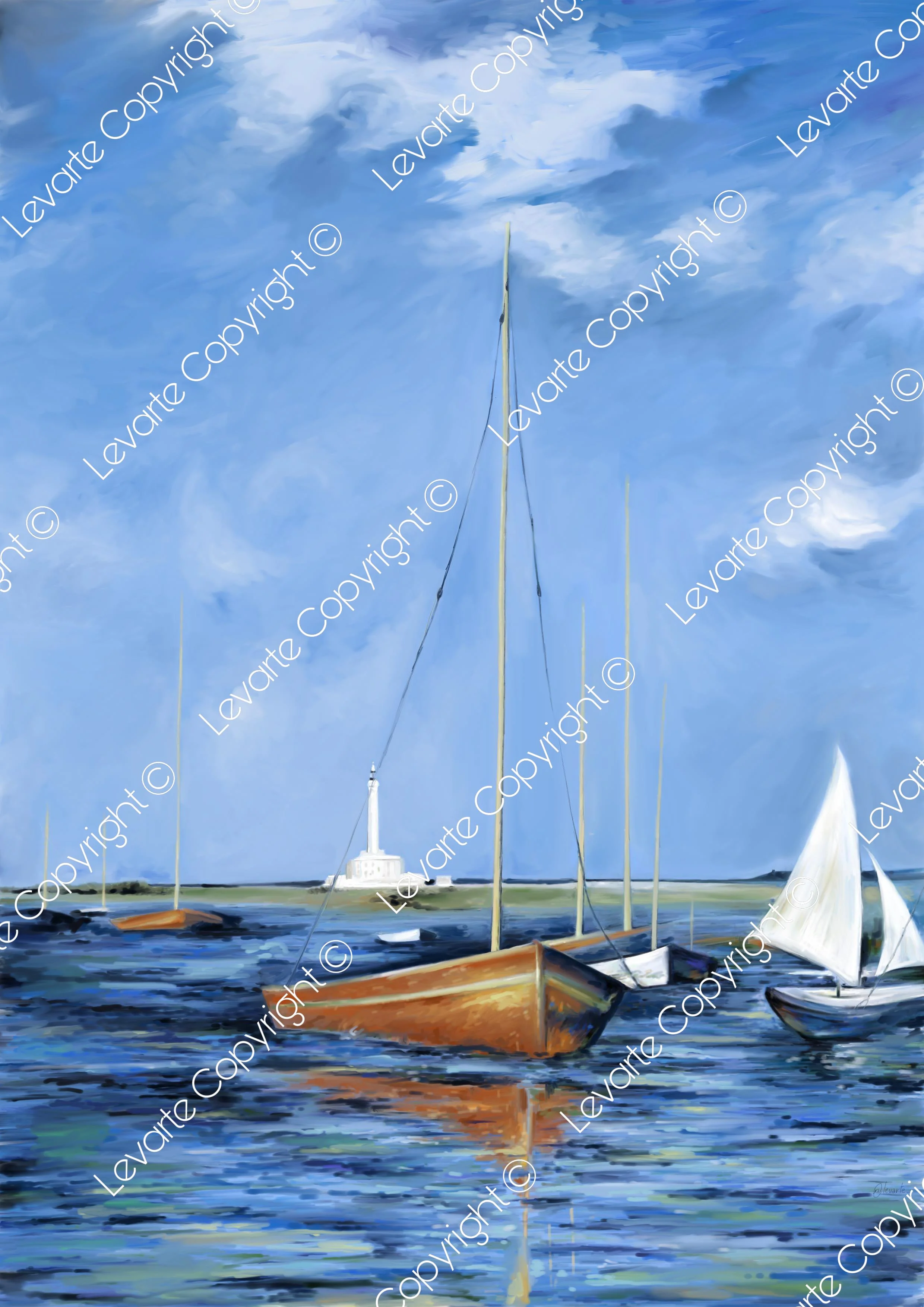 Disegno digitale delle piccole barche a vela e del faro di Gallipoli in lontananza sull'isola di sant'Andrea.