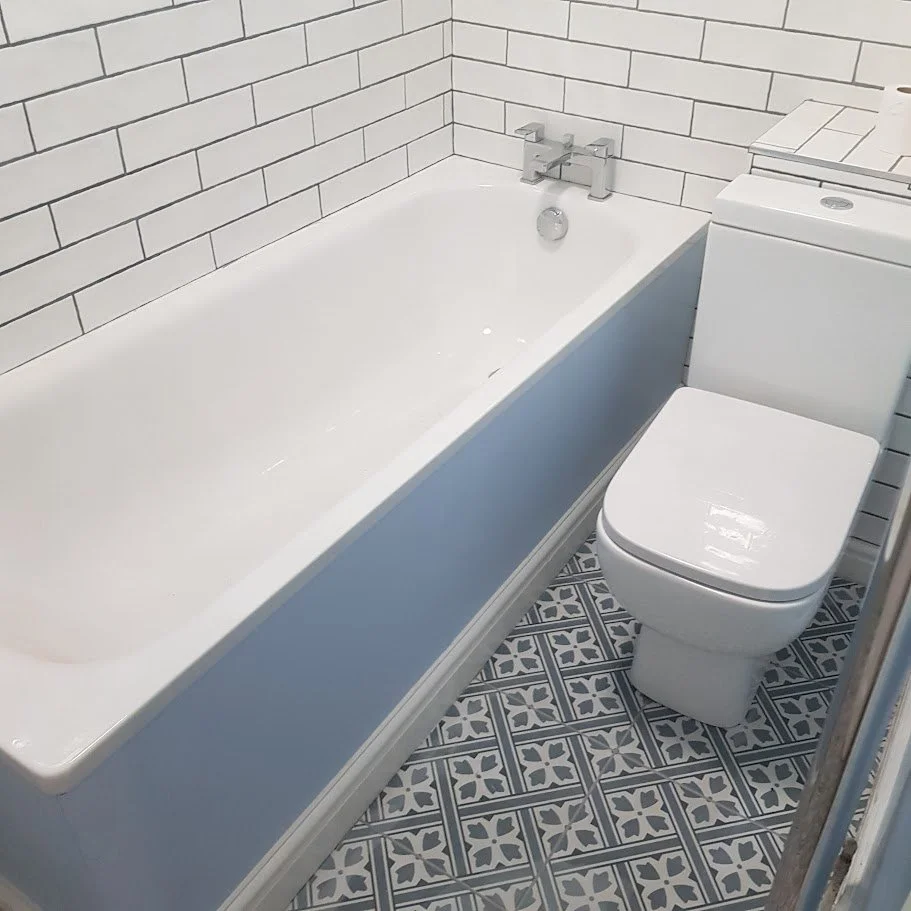 Completed full bathroom refurbishment for a private residential client, including installation of a new bath, WC, wall tiling and patterned floor tiles, finished to a high standard.