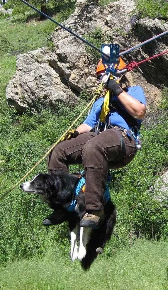 Toss and myself, the trainer, coming down off of a highline, part of our SAR training.