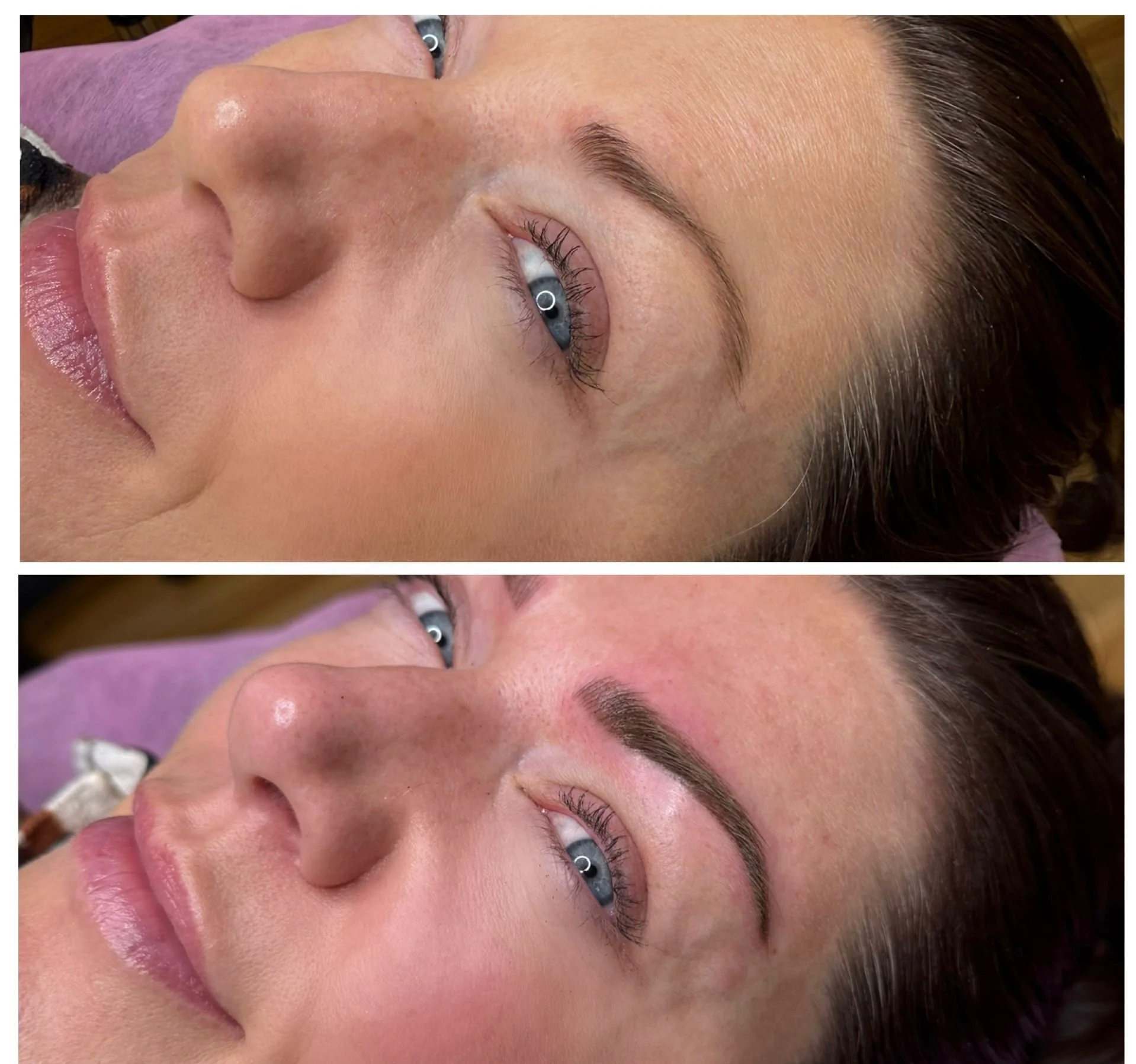Before and after images of a woman's eyebrows showing a cosmetic procedure, with the eyebrows appearing fuller and more defined in the after photo.