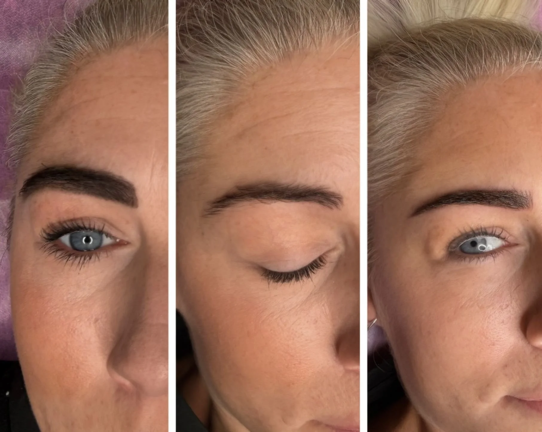 Close-up of a woman's face in three different angles showing her eyebrows and skin texture.