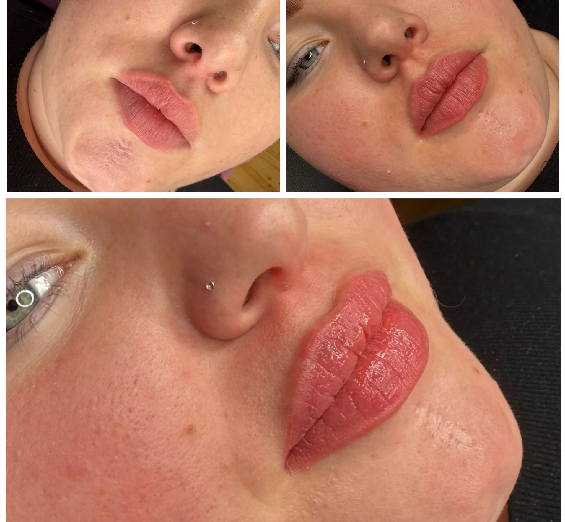 Close-up of a woman's face showing her lips, nose, and part of her eye. The woman has a nose piercing and is wearing makeup, including lipstick and eyeshadow.