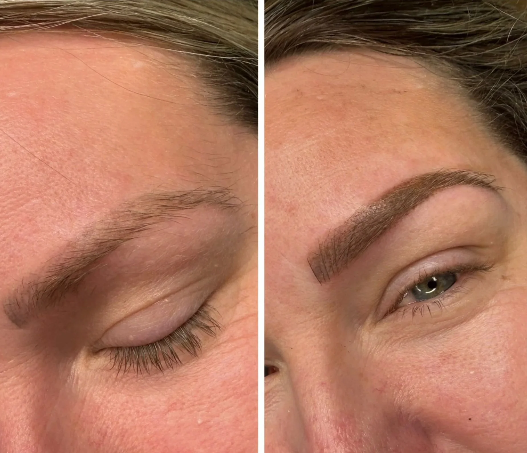 Comparison of eyebrows before and after microblading, showing a natural eyebrow in the before image and a fuller, well-defined eyebrow in the after image.