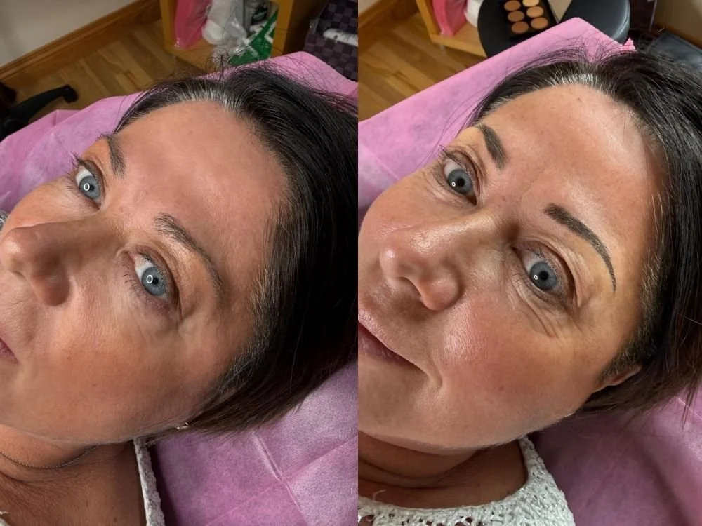 Close-up of a woman lying on a pink salon chair, showing her face before and after getting her eyebrows microbladed with visible improvement in shape and fullness.