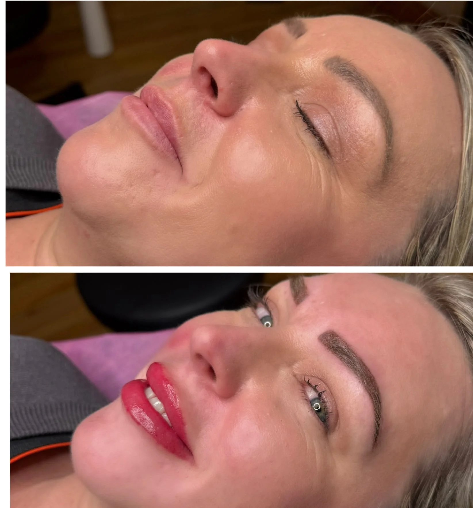 Side-by-side images of a woman, showing her face before and after makeup application, with her eyes closed in both images.