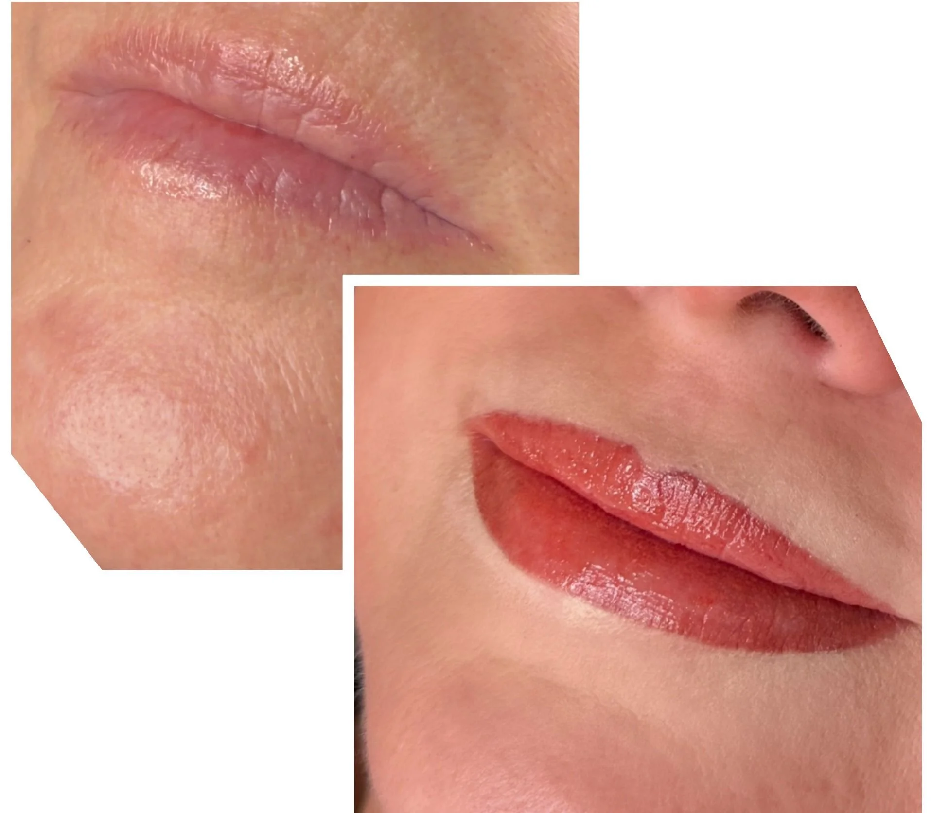 Close-up of lips before and after applying lipstick, showing smooth skin and shiny lips.