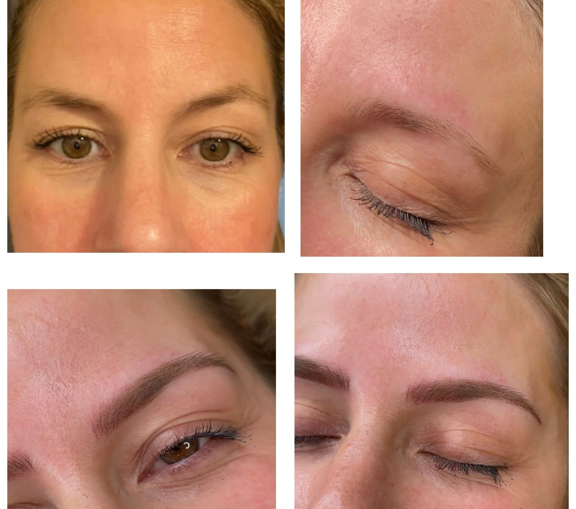 Close-up images showing the before and after results of eyebrow microblading or cosmetic tattooing. The top images depict the natural eyebrows before the procedure, and the bottom images display the newly enhanced, filled-in eyebrows with a more defined shape.