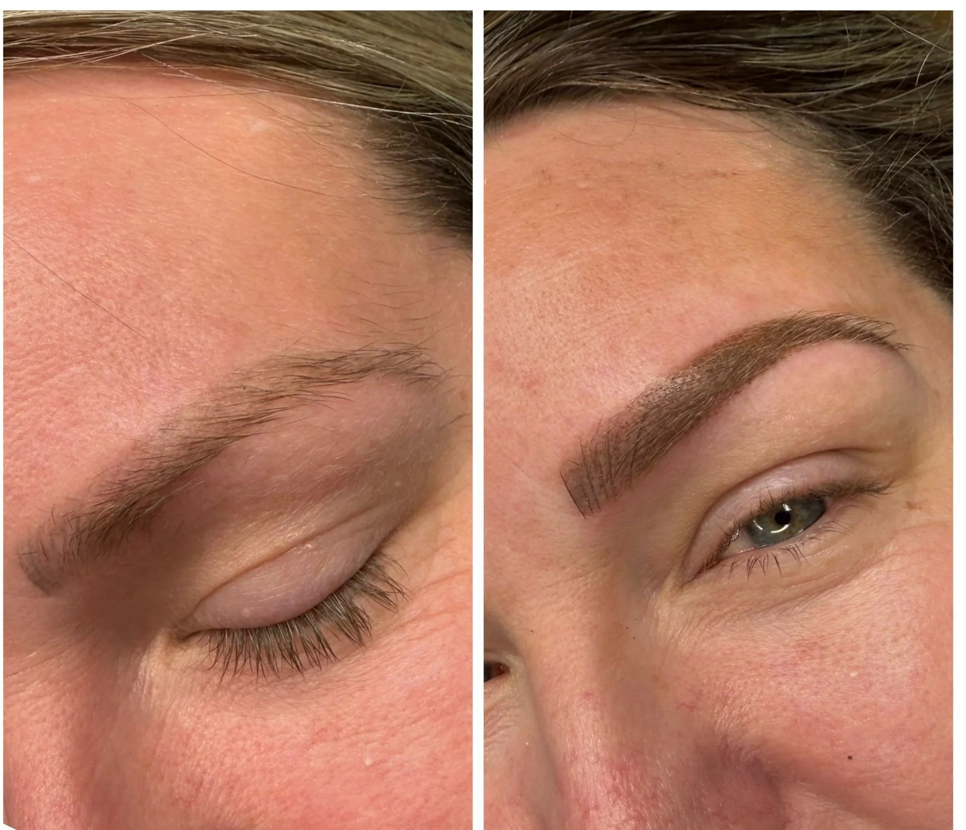 Comparison of a woman's eyebrow before and after cosmetic enhancement, showing sparse eyebrows on the left and well-defined, full eyebrows on the right.