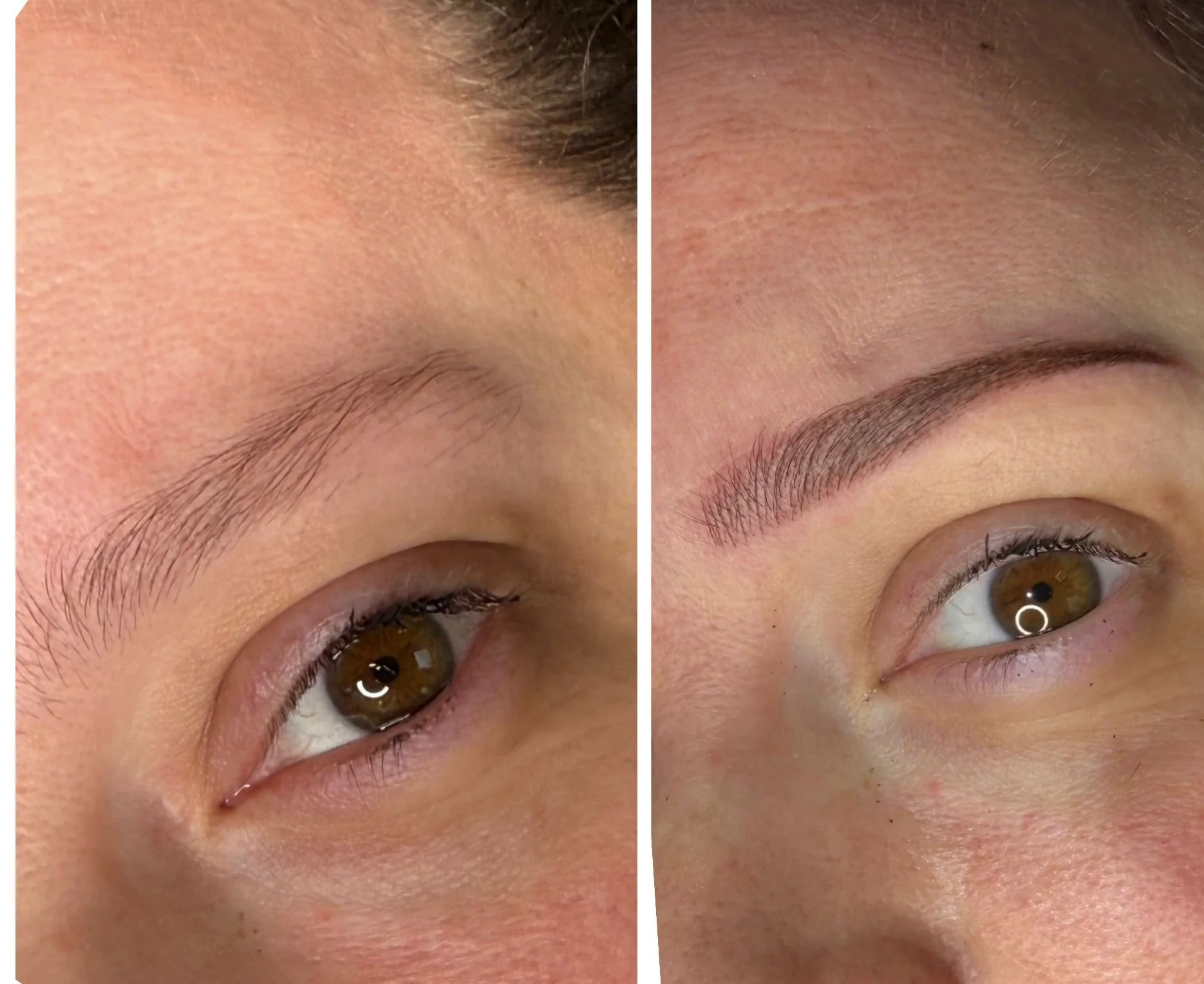 Comparison of a person's left eye with natural eyebrows on the left and freshly microbladed eyebrows on the right.