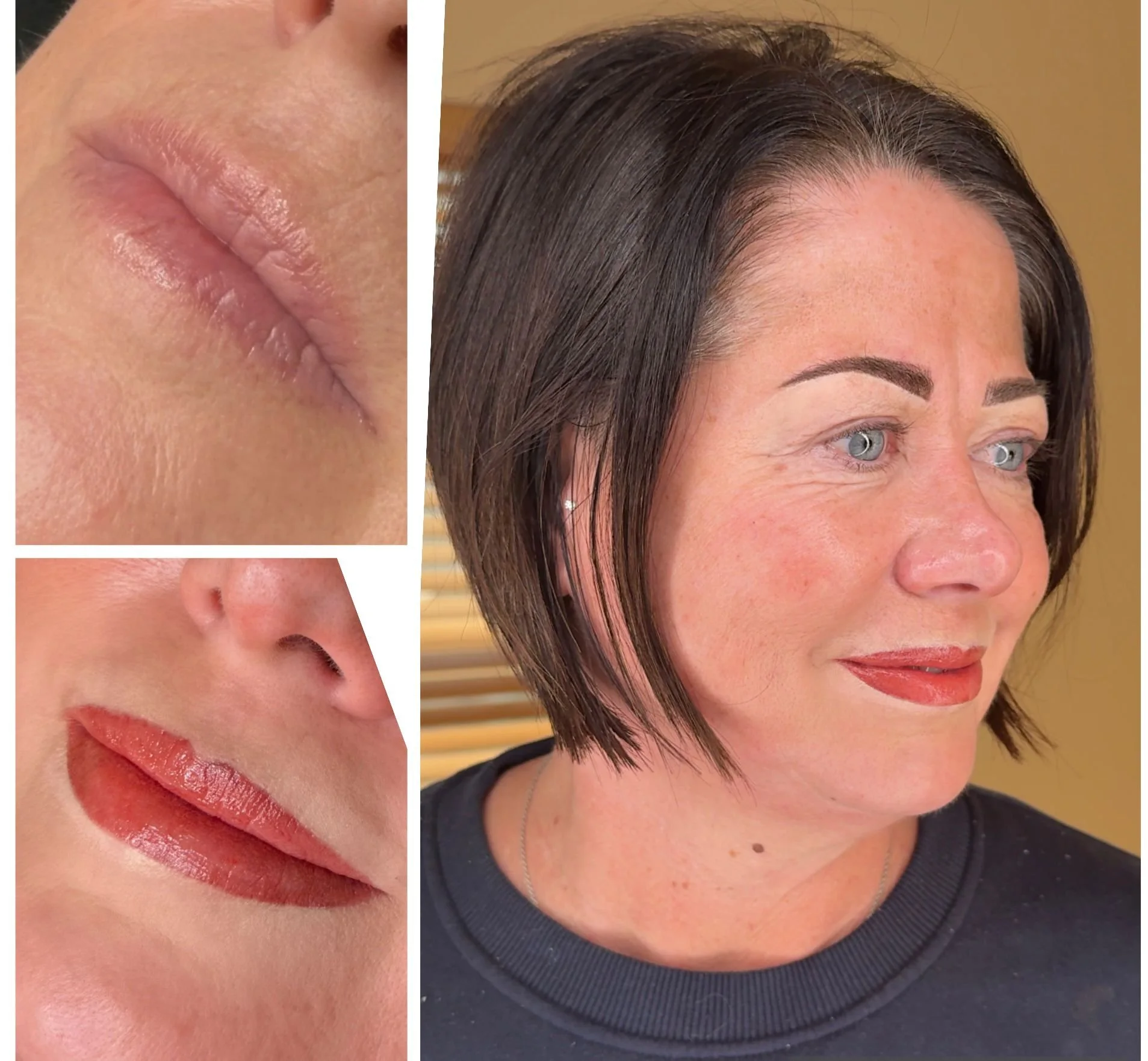 Side profile of a woman with a new short, dark hairstyle, wearing makeup, and smiling