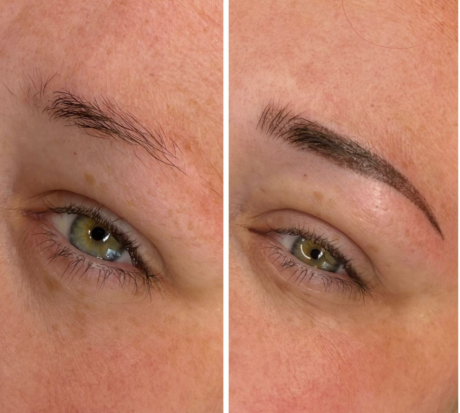 Before and after images of a person's eyebrow, showing eyebrow tattoo or microblading procedure.