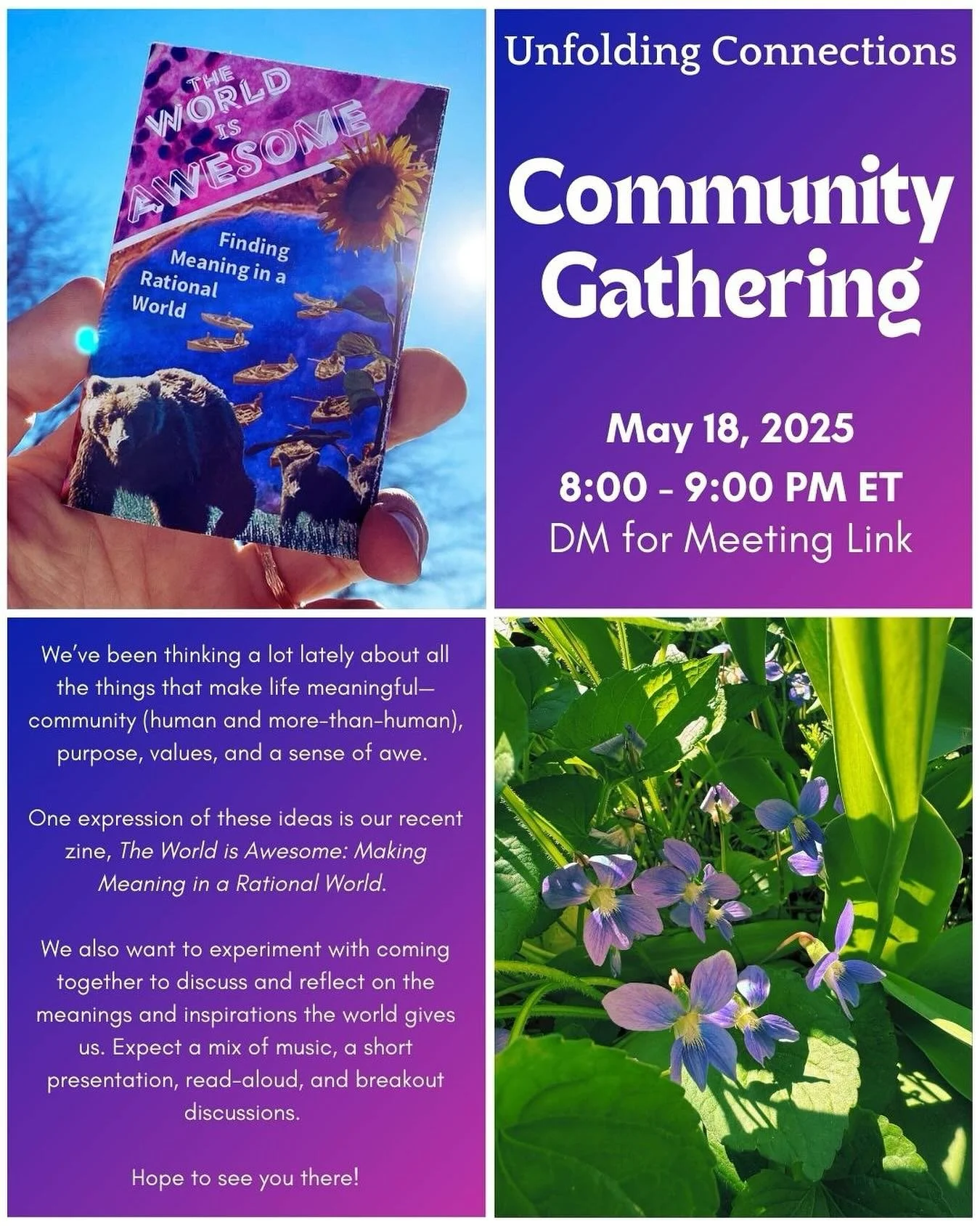 So excited to announce our first Unfolding Connections Community Gathering! This Sunday (coming up quick)! And online, so no need to be local or hop on a plane to get here :)

This week we&rsquo;ll dive into Issue #50, The World Is Awesome, and talk 