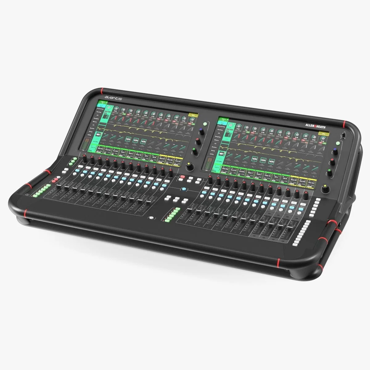 Ein professionelles Digitalmischpult mit zwei digitalen Bildschirmen, zahlreichen Knöpfen, Fadern und Reglern, für Ton- und Musikproduktionen.