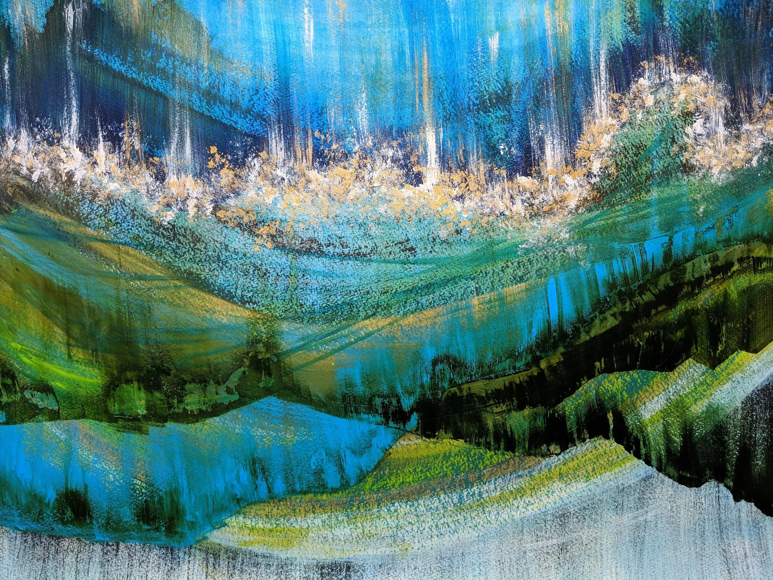 Abstract landscape painting with vibrant blue, green, gold, and white brushstrokes, depicting Lake Louise, the surrounding mountains and a snowing sky.