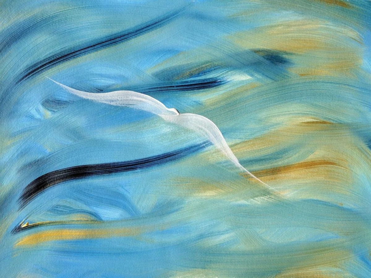 Abstract painting of a white crane flying over blue and golden waters.