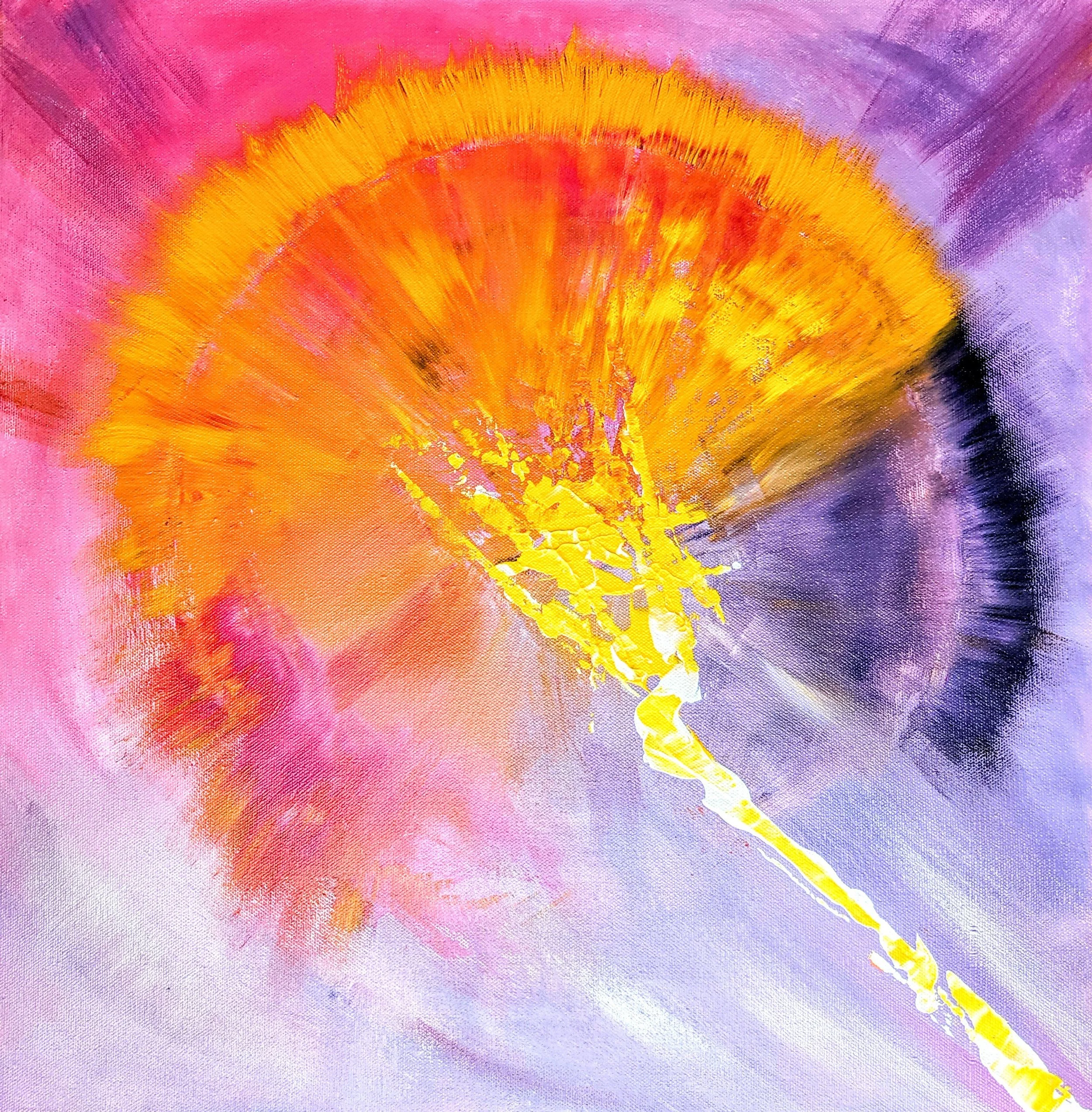 Abstract painting with a bright yellow and orange burst of energy exuding from a stylized dancer against a purple and pink background.