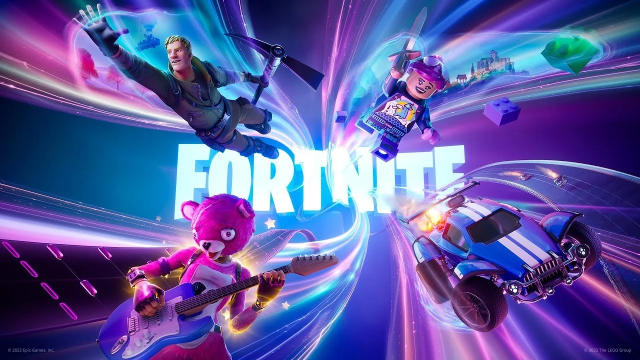 Colorful digital artwork for the video game Fortnite featuring characters and vehicles, including a male character holding a pickaxe, a female character with a pink bear head and pink hair playing an electric guitar, and a blue sports car with white 