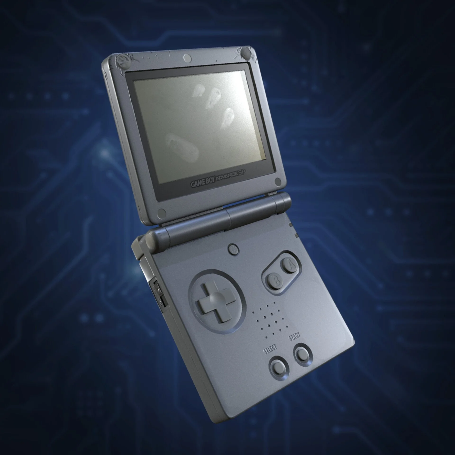 A silver flip mobile phone with a screen displaying faint footprints, set against a dark blue digital background.