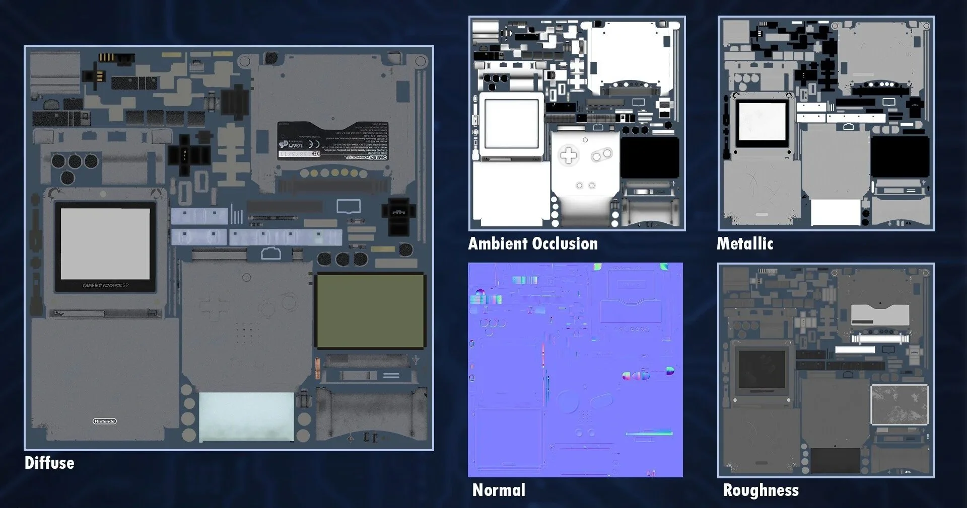 Diagram of a Nintendo Game Boy Advance SP motherboard showing different visual effects: Ambient Occlusion, Metallic, Diffuse, Normal, and Roughness.