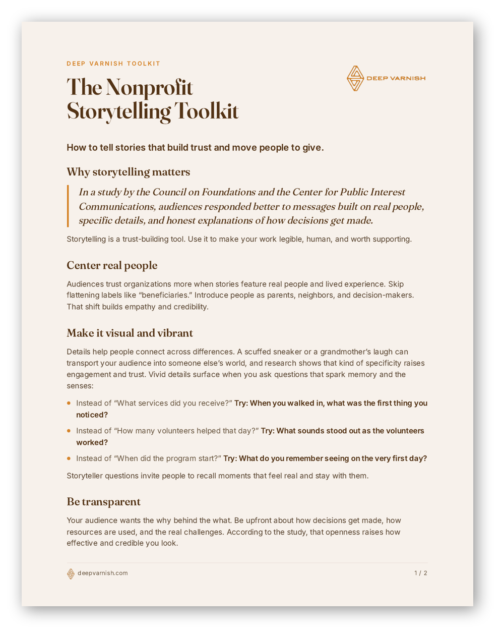 A printed non-profit storytelling toolkit with sections including 'Why Storytelling Matters,' 'Center Real People,' 'Make It Visual and Vibrant,' and 'Transparency in Your Stories.' Displays a photo of two women smiling and talking, with one wearing a badge, and contains text about effective storytelling strategies.