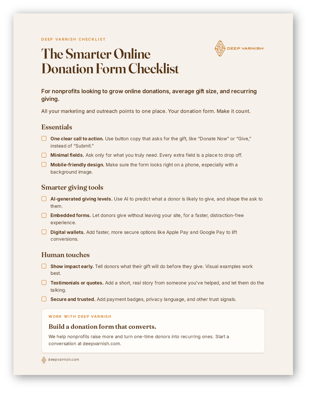 A donation form checklist titled "The Smarter Online Donation Form Checklist" with sections on essentials, smarter giving tools, and human touches, including tips on call to action, minimal fields, mobile design, AI-generated giving levels, embedded forms, digital wallets, impact early, testimonials, trust, and website link.