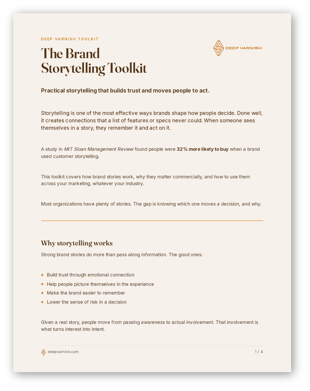 A marketing document titled 'The Brand Storytelling Toolkit' from Deep Varnish Marketing, explaining the importance and effectiveness of storytelling for brands, including research findings and tips on how brand stories work and why they matter.