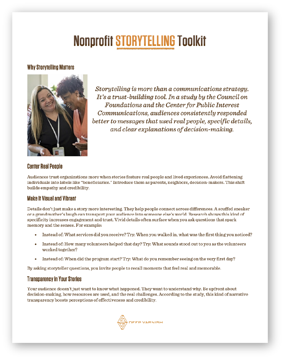 A printed non-profit storytelling toolkit with sections including 'Why Storytelling Matters,' 'Center Real People,' 'Make It Visual and Vibrant,' and 'Transparency in Your Stories.' Displays a photo of two women smiling and talking, with one wearing a badge, and contains text about effective storytelling strategies.