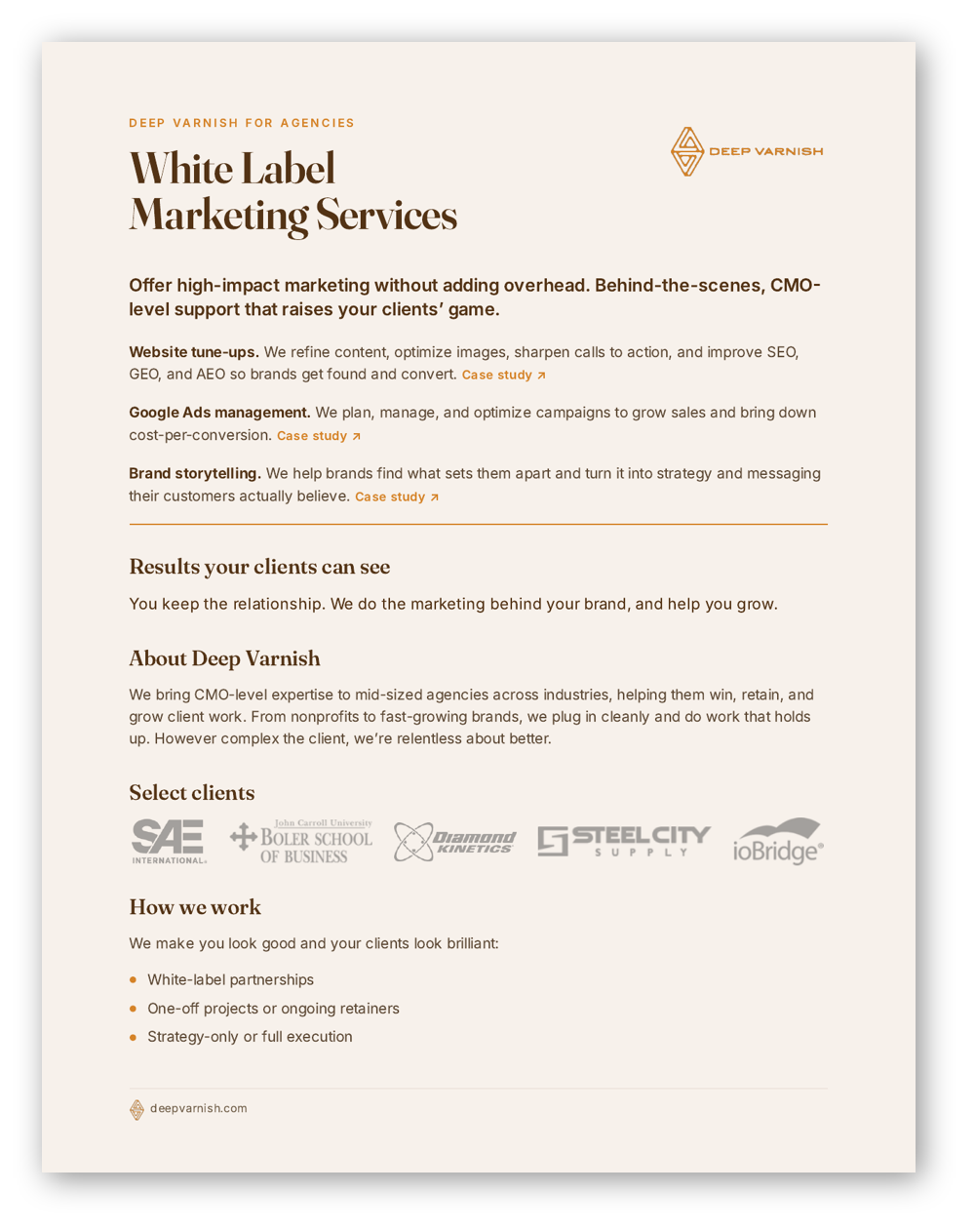 A marketing services flyer for Deep Varnish Marketing, highlighting offerings like website tune-ups, Google ads management, and brand storytelling, with client logos and a website link at the bottom.