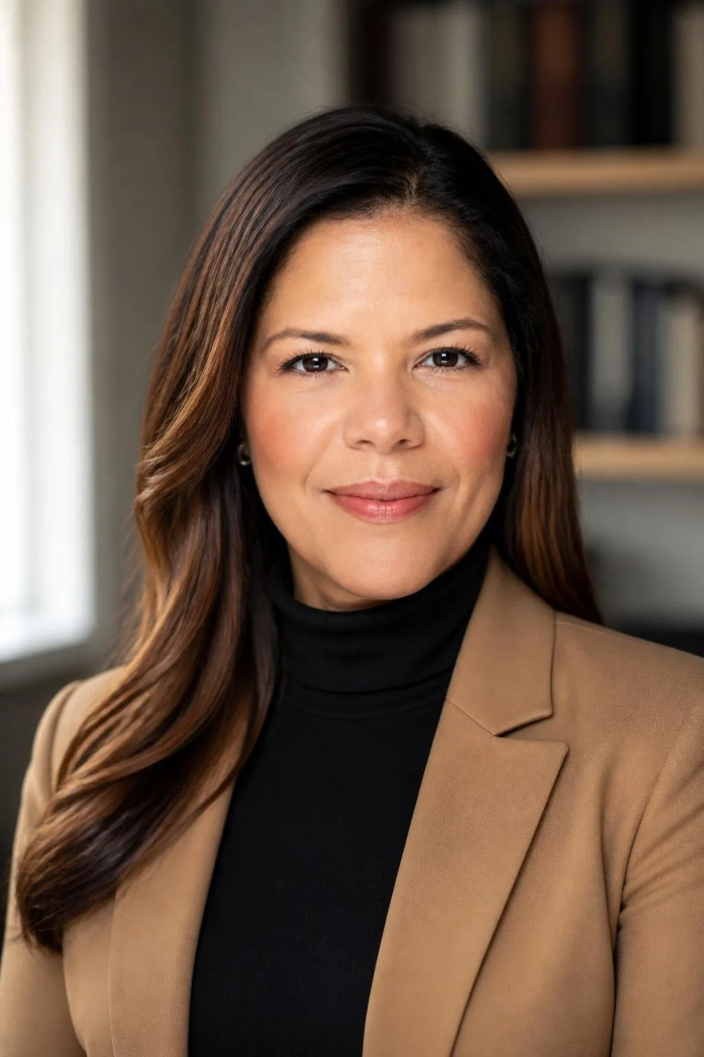A professional woman with long brown hair and light makeup, wearing a black turtleneck and beige blazer, smiling softly in an indoor setting with a bookshelf in the background.