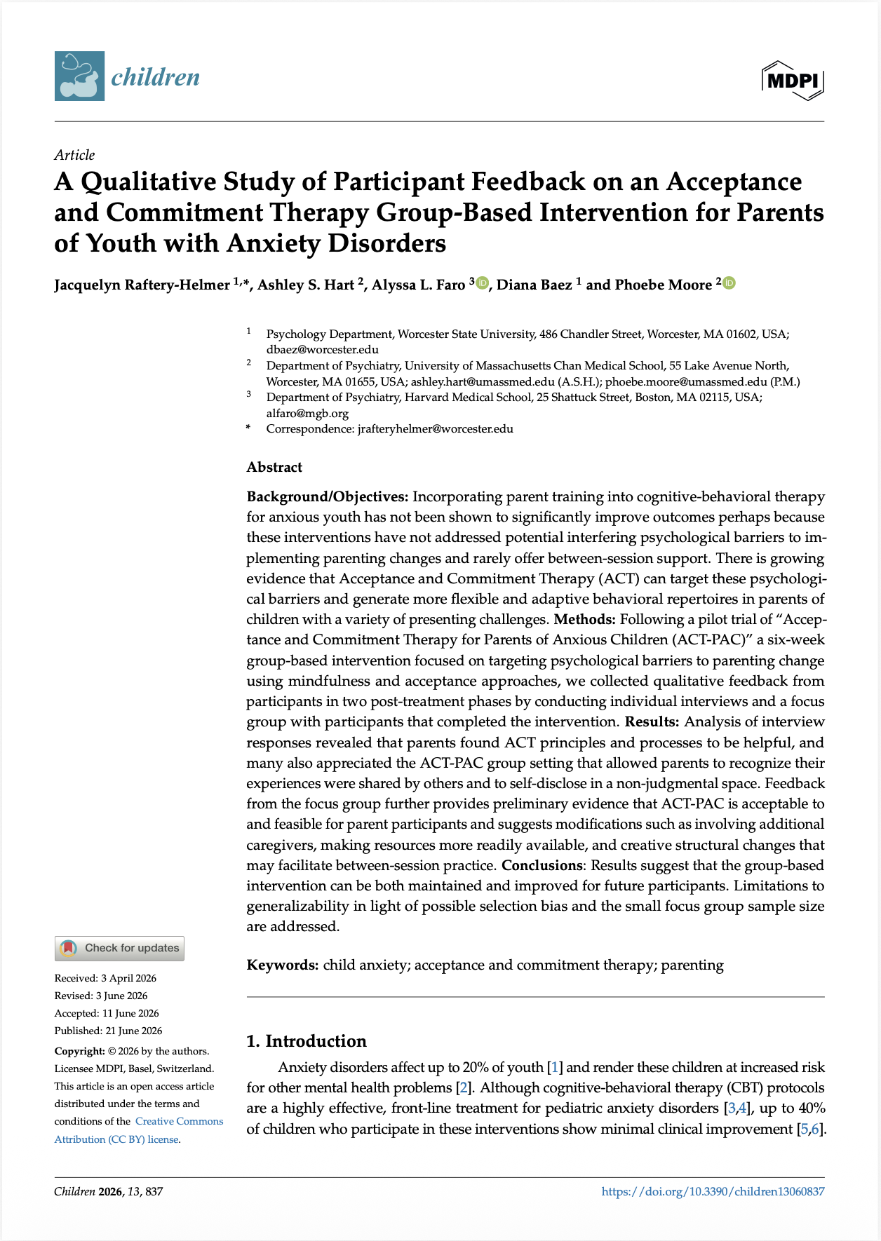 Image of front page of manuscript on ACT protocol for Parents of Anxious KIds