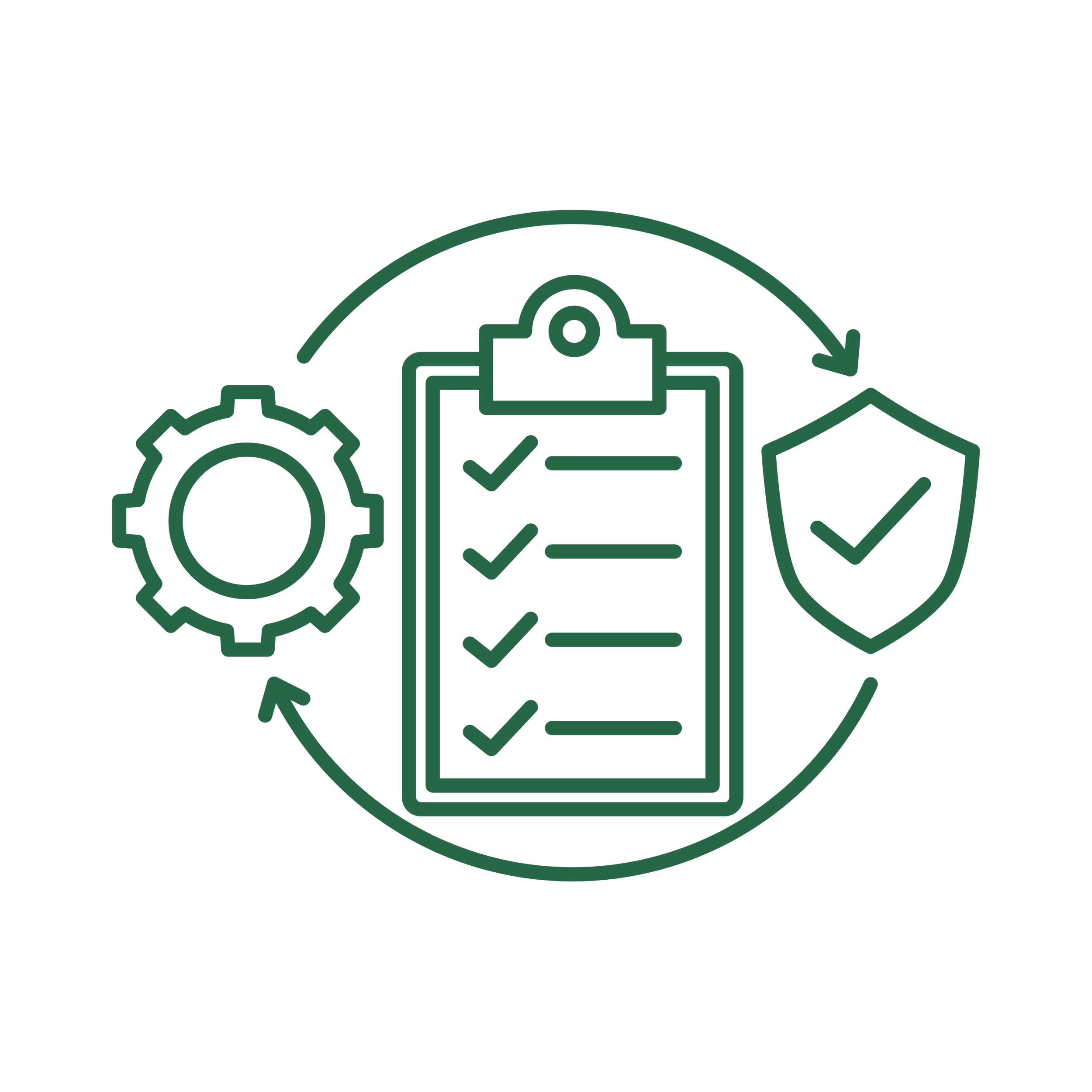 Line art icon of a checklist on a clipboard surrounded by a gear and a shield, representing process, security, and quality assurance.
