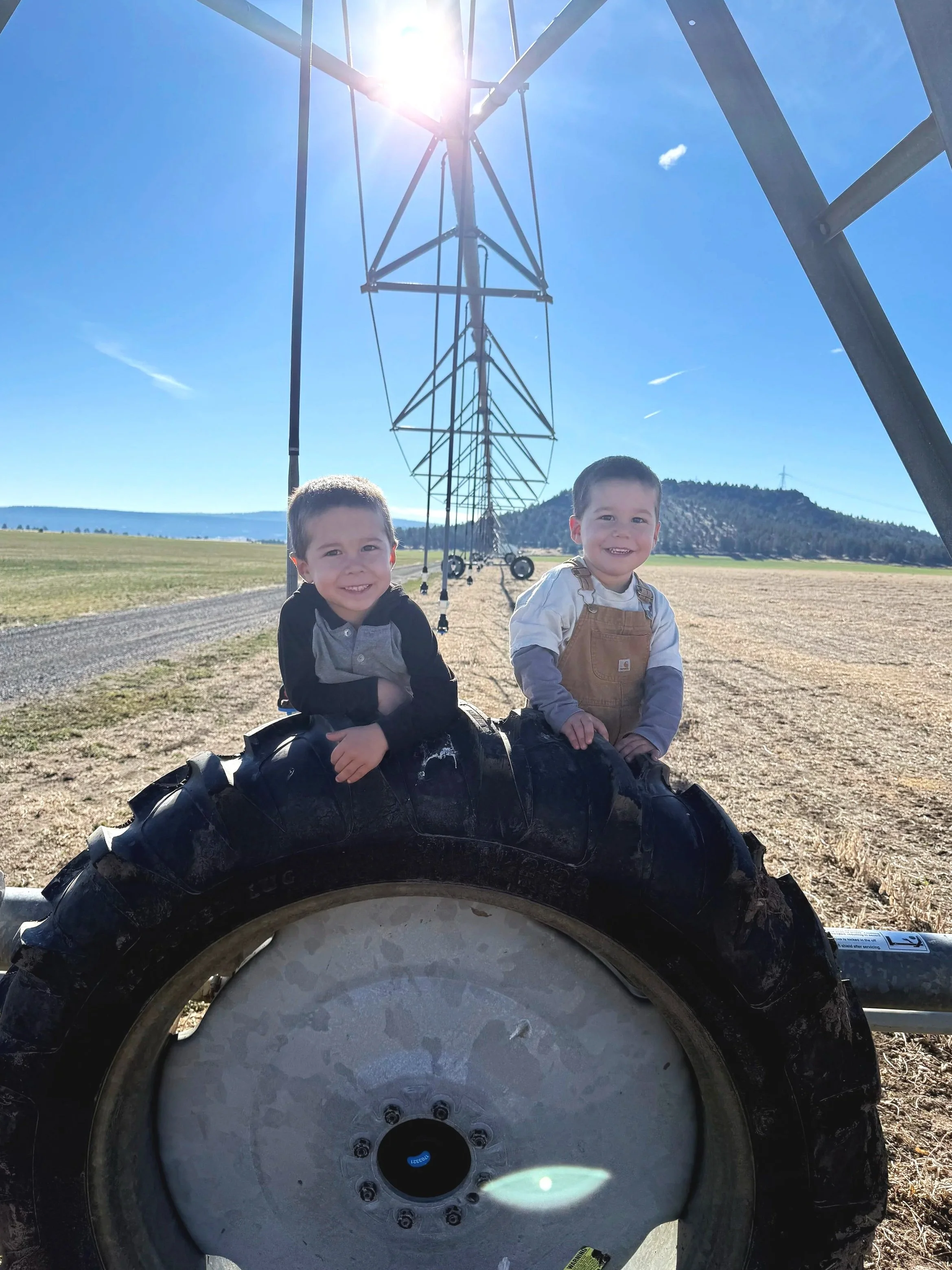 Upland Ag onwer Troy's two young boys sitting on the large wheel of a piece of farm irrigation equipment with a metal system overhead on a sunny day in a rural field located in Central Oregon