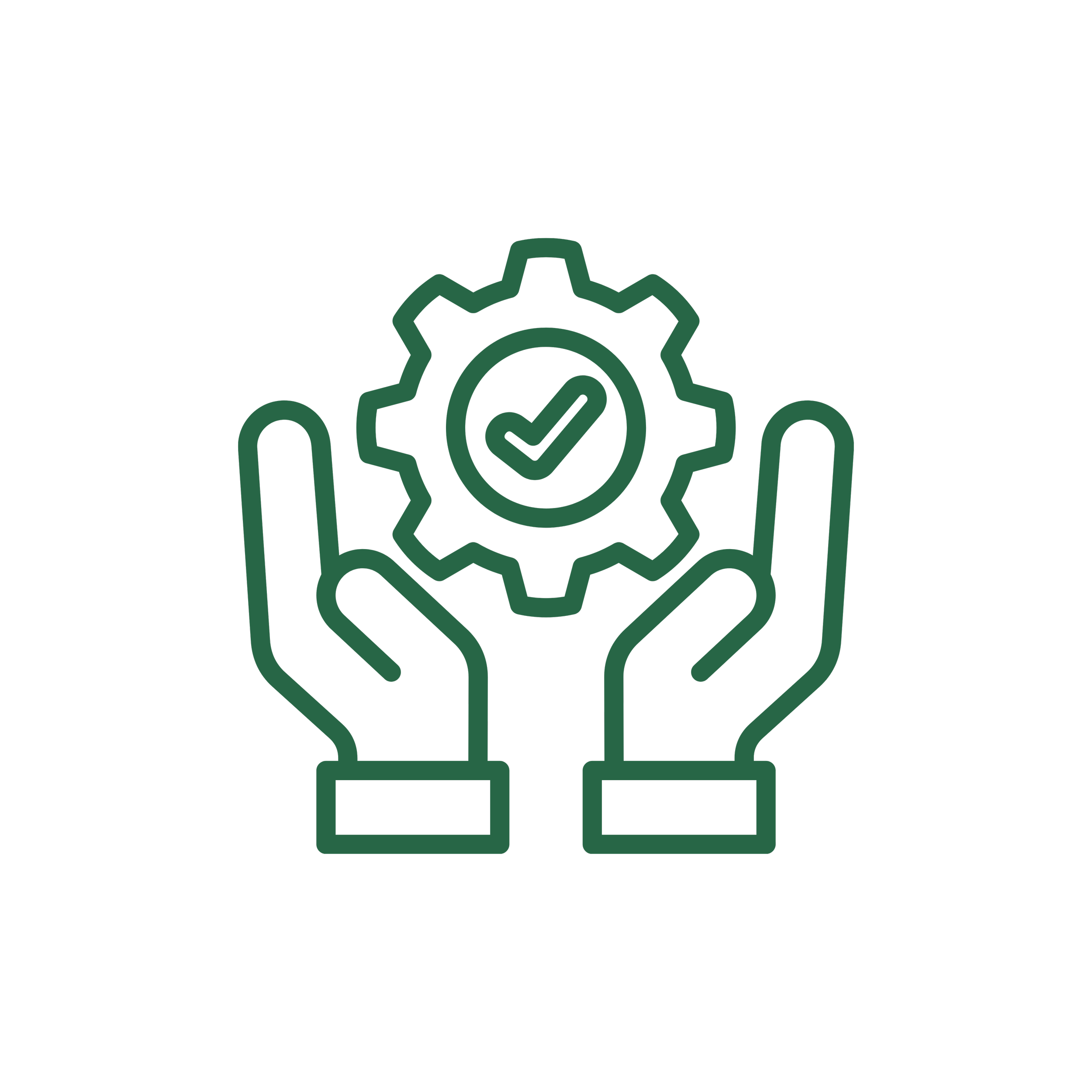Icon of two hands holding a gear with a checkmark inside, representing quality assurance or management.