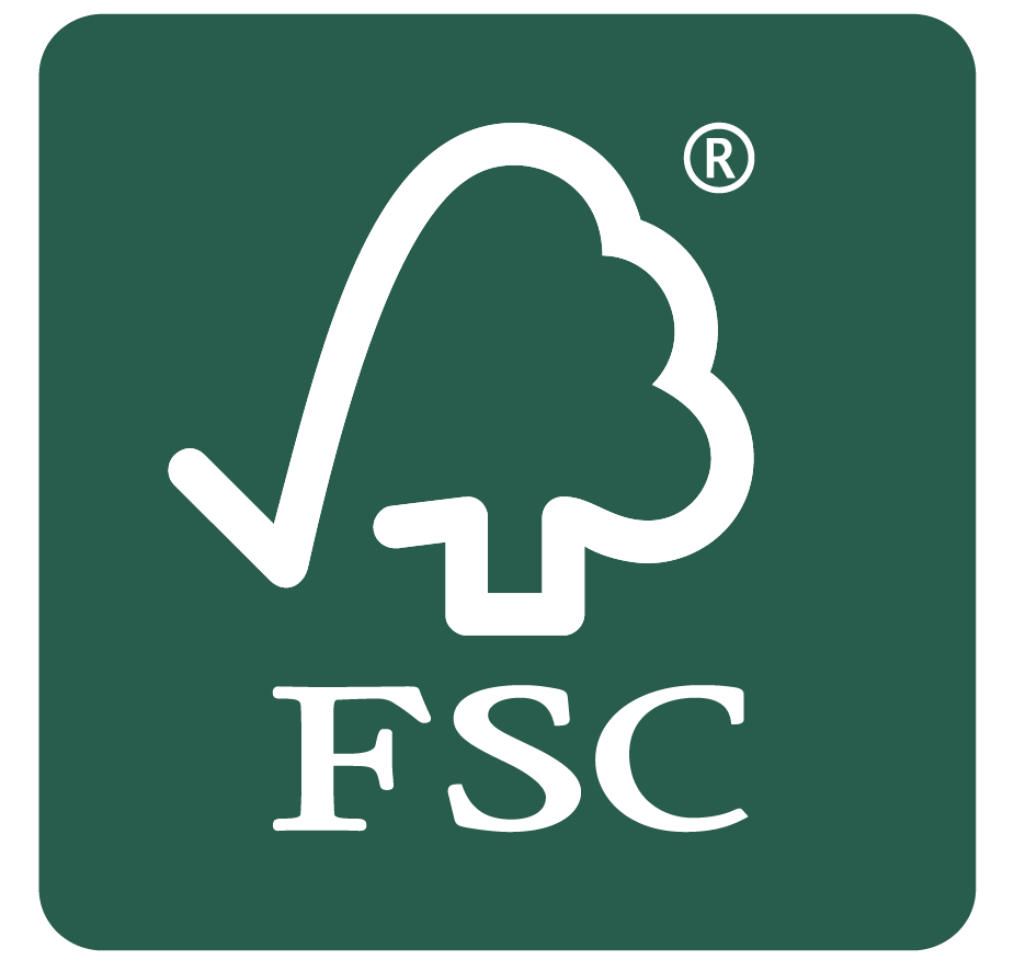 FSC-logo med et tre og klorestrek under, på grønn bakgrunn