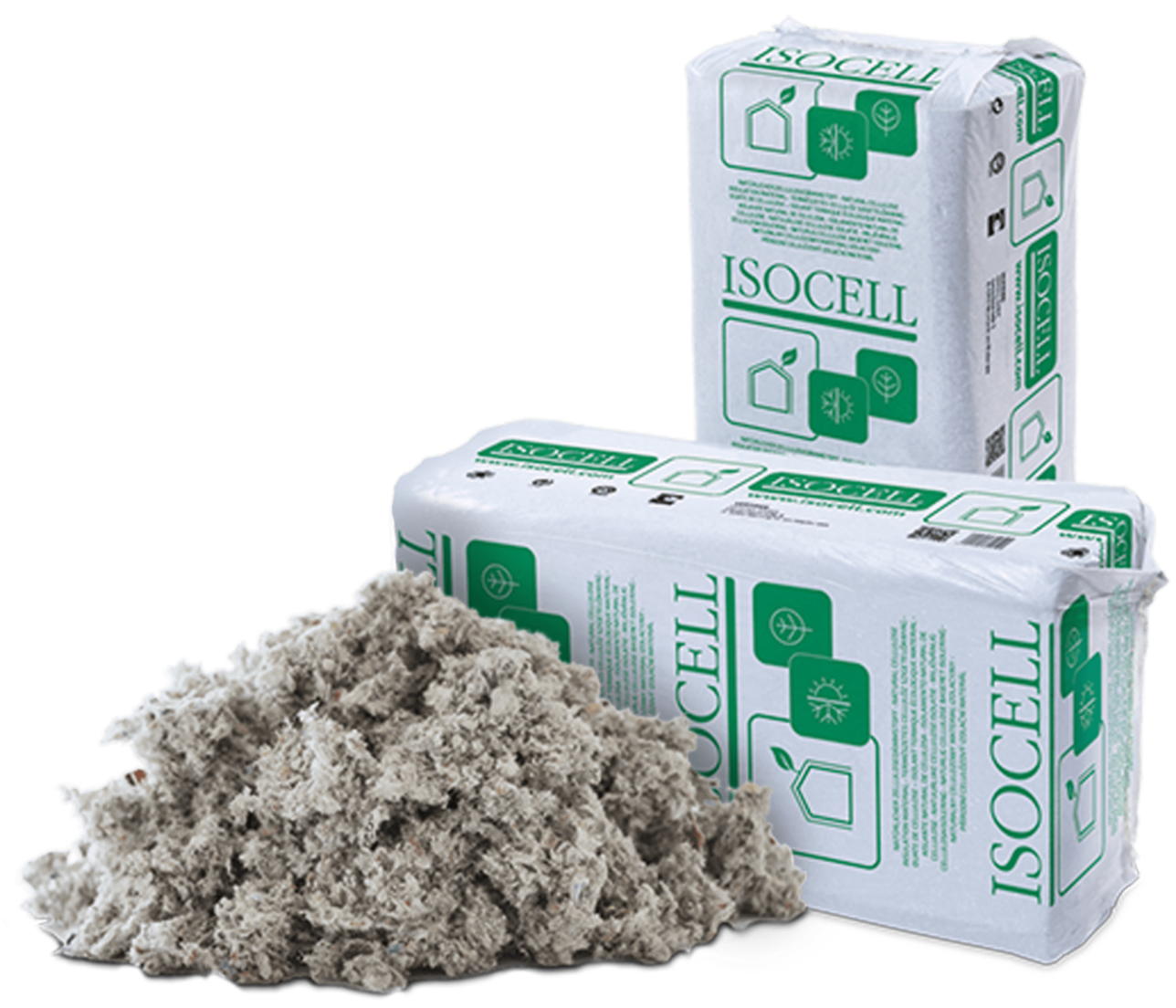Reel av isolasjonsmateriale med to pakker ISOCELL isolasjon og en klump av isolasjonsmateriale foran.