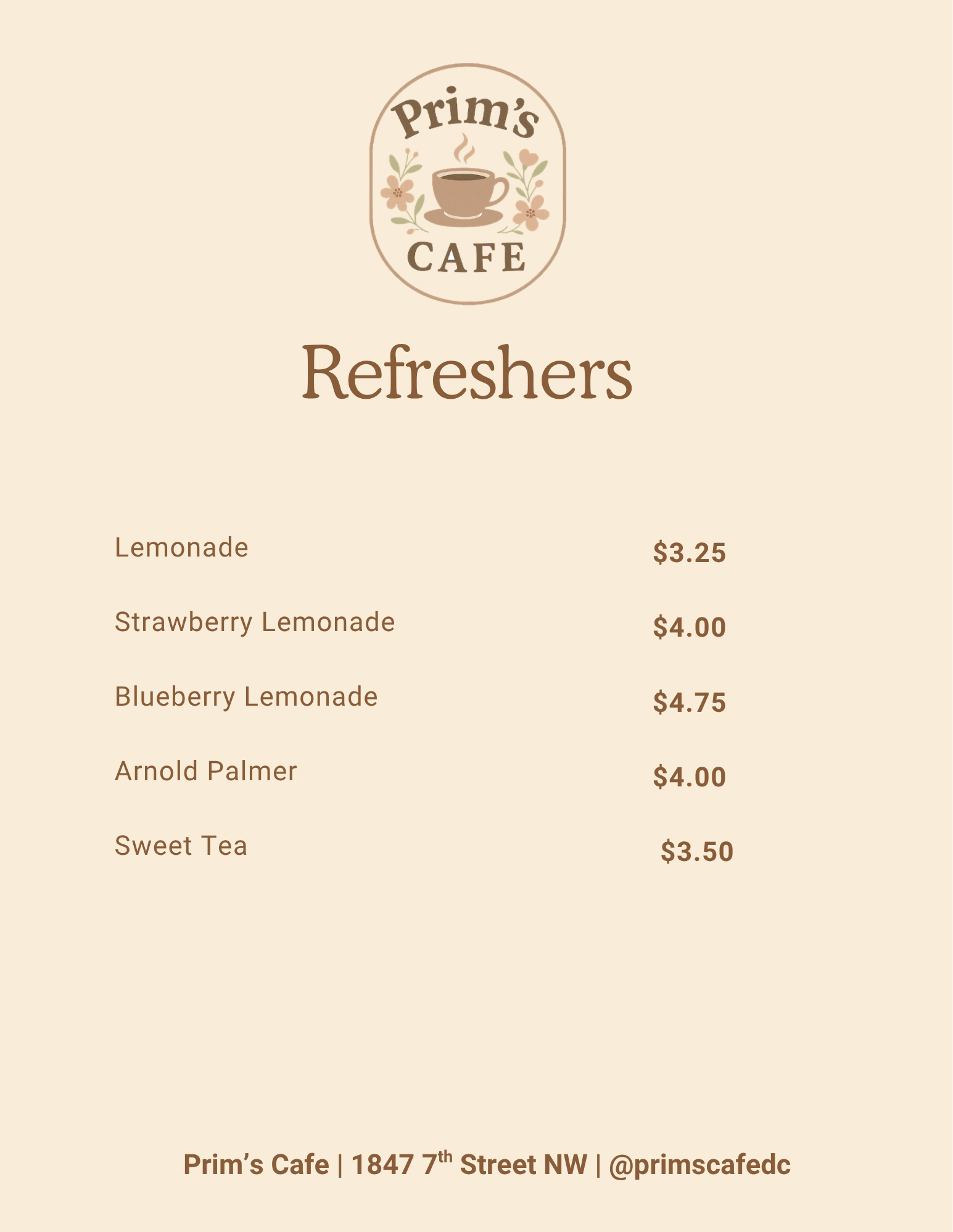 Prim's Cafe drink menu page 2