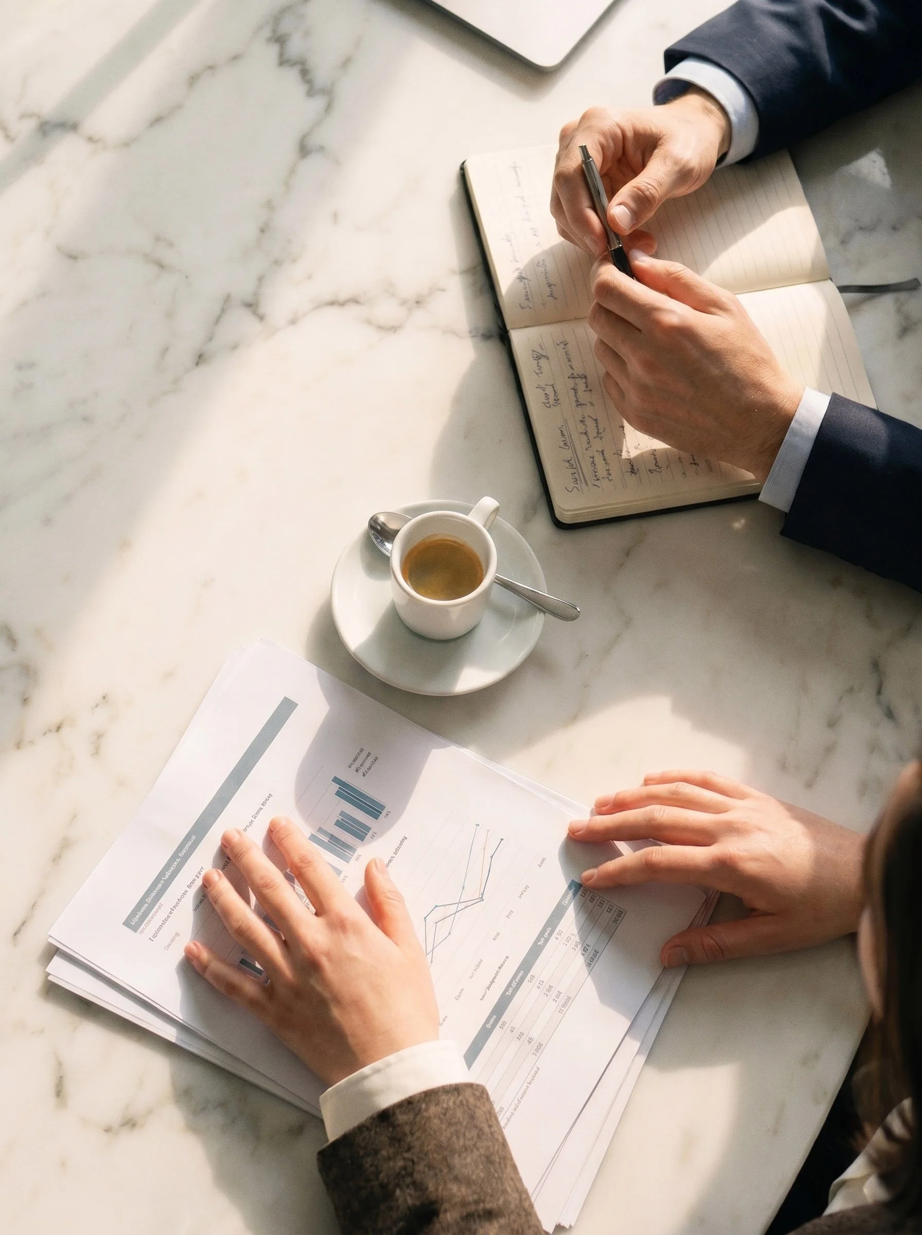 Personas en traje de negocios revisando informes con gráficos y datos en una mesa de mármol, acompañadas de una taza de café.