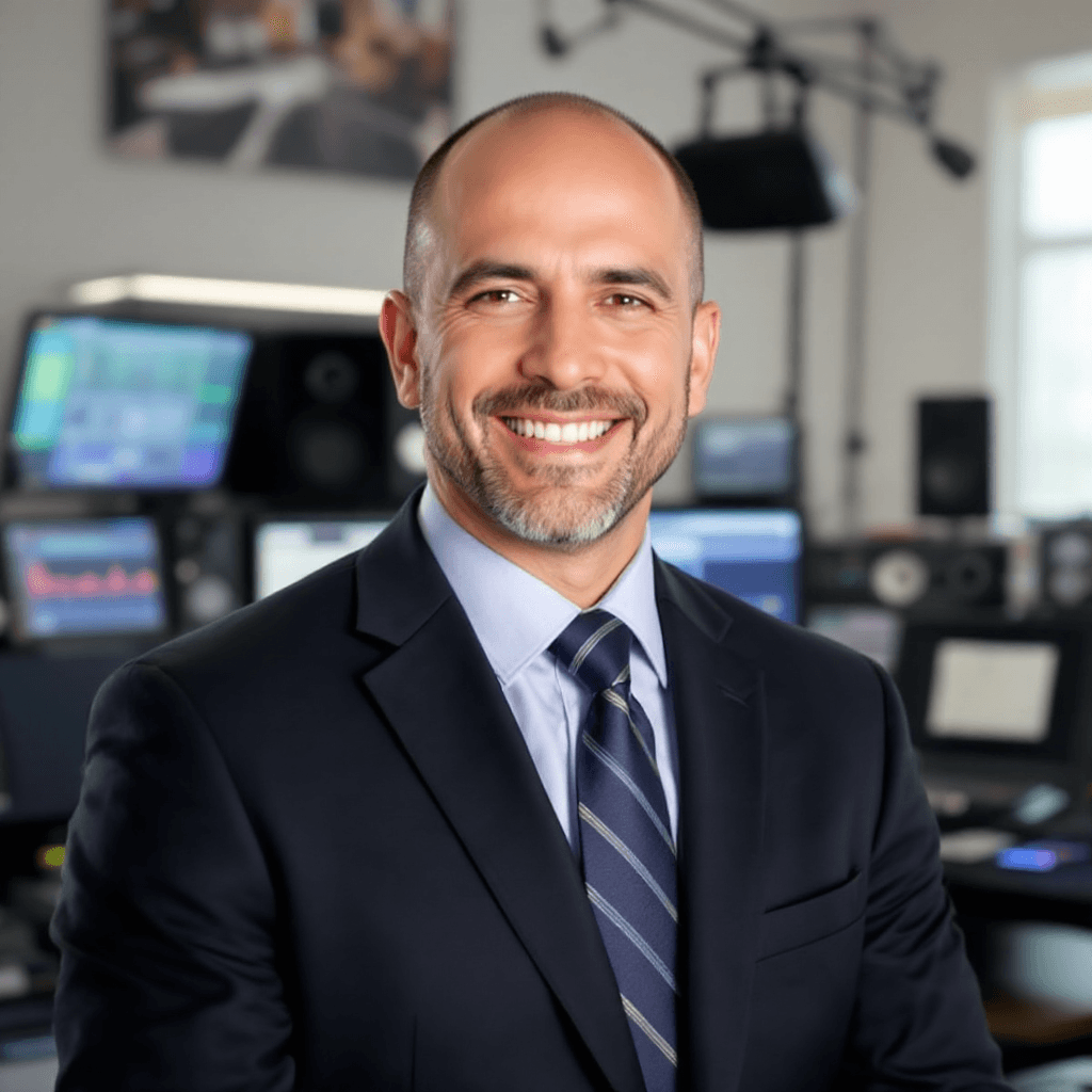 A smiling man in a suit and tie in a professional studio or office setting with music production equipment in the background.