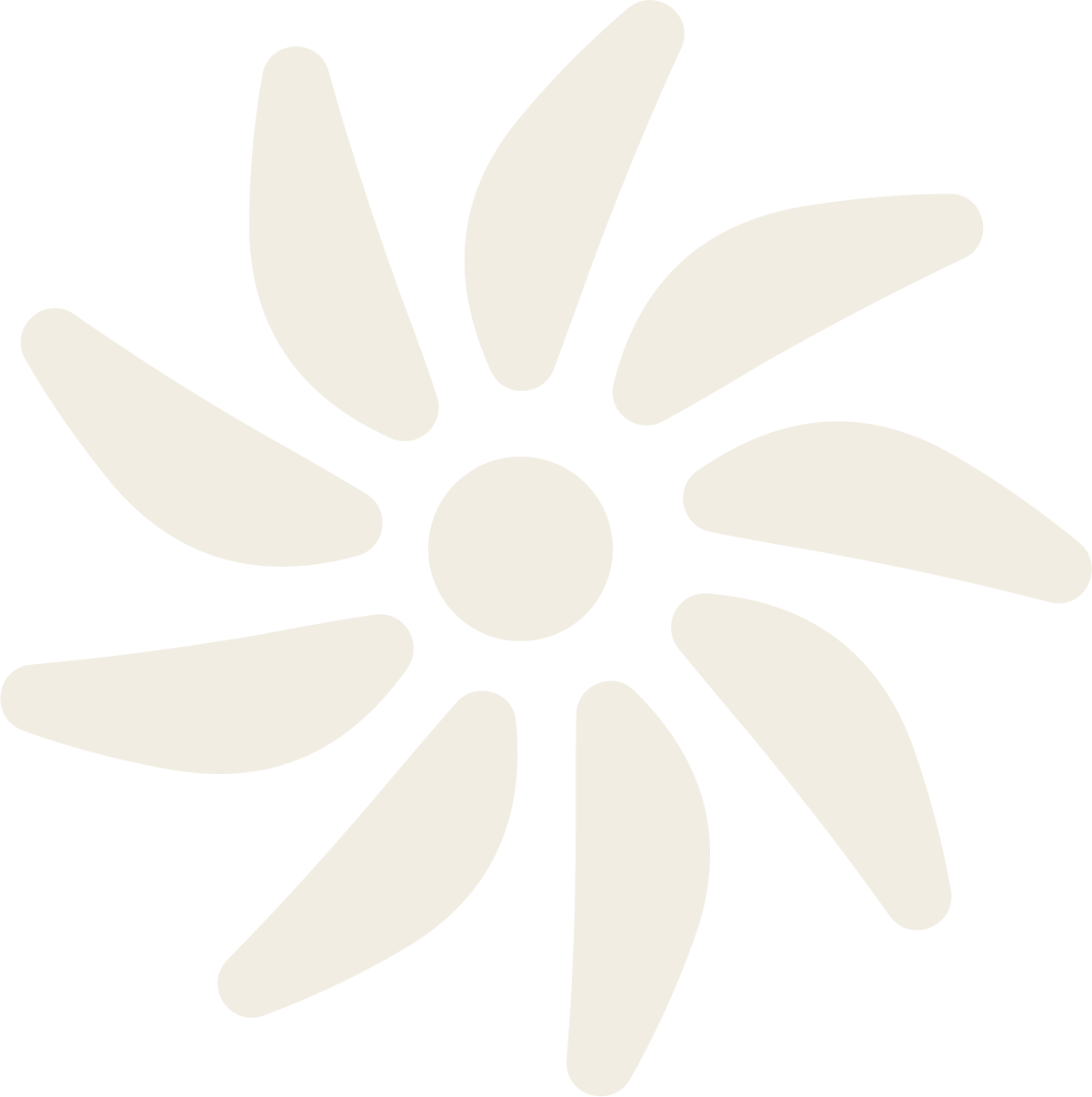 Abstract graphic with a circular center and radiating petal-like shapes in an off-white color on a black background.