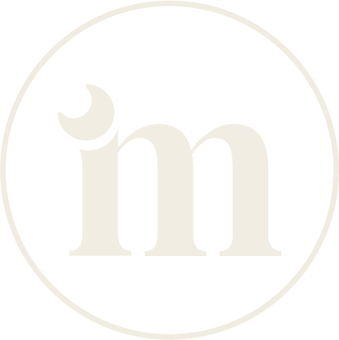 A logo with a black background, a white circle outline, a large lowercase letter "m" in the center, and a small crescent moon shape above the "m".