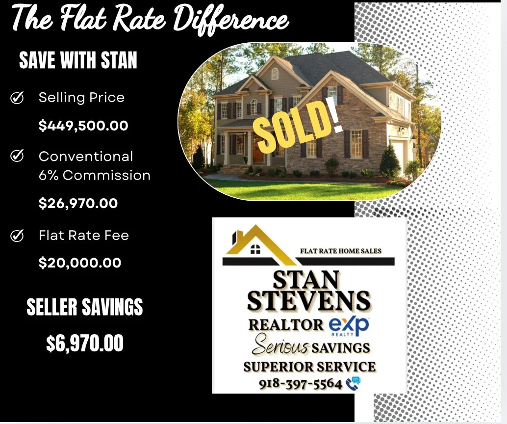 Real estate flyer advertising a sold house and real estate services by Stan Stevens. It includes sales prices, commission, and savings details, with a photo of a house and the real estate agent's contact information.