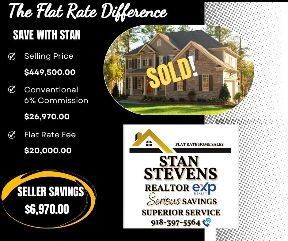 A real estate advertisement showcasing a sold house with savings details and contact information for Stan Stevens, a realtor.